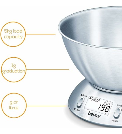 Beurer Beurer KS54 Bilancia da Cucina Digitale con Timer e Ciotola in acciaio Beurer Beurer KS54 Bilancia da Cucina Digitale con Timer e Ciotola in acciaio