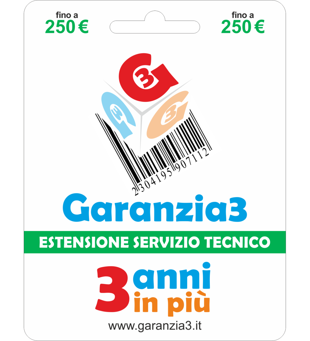GARANZIA3 – 3 anni in più 250 Massimale di Euro 250,00 3 anni (36 mesi) di estensione oltre la garanzia legale GARANZIA3 – 3 anni in più 250 Massimale di Euro 250,00 3 anni (36 mesi) di estensione oltre la garanzia legale