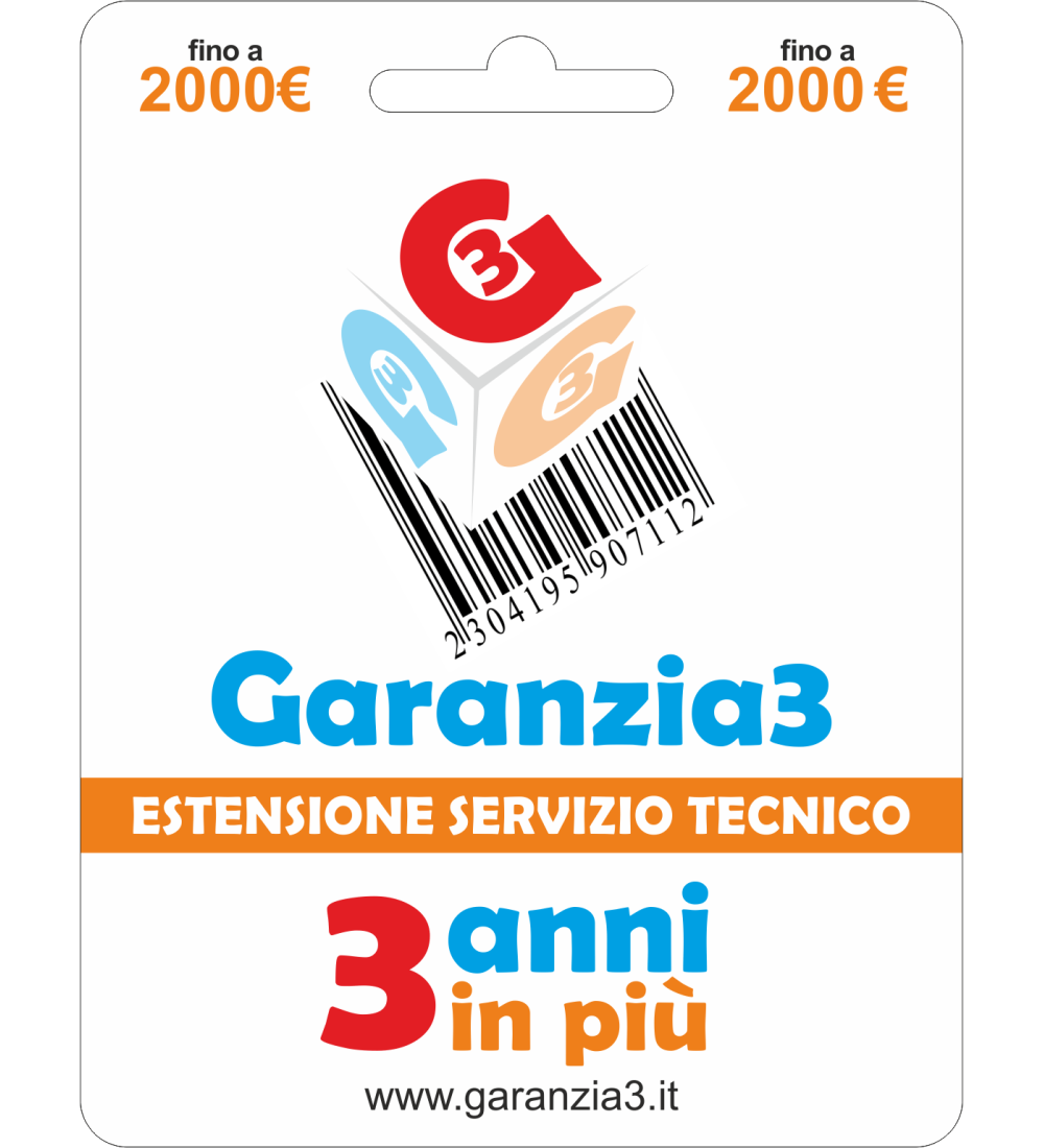 GARANZIA3 – 3 anni in più Massimale di Euro 2.000,00 3 anni (36 mesi) di estensione oltre la garanzia legale GARANZIA3 – 3 anni in più Massimale di Euro 2.000,00 3 anni (36 mesi) di estensione oltre la garanzia legale