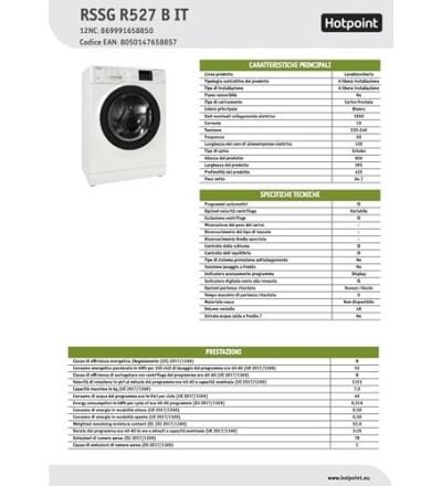 Hotpoint HOTPOINT LAVATRICE 7KG SLIM INVERTER VAP.B 1200GIRI BWSA RSSG R527 B IT Hotpoint HOTPOINT LAVATRICE 7KG SLIM INVERTER VAP.B 1200GIRI BWSA RSSG R527 B IT