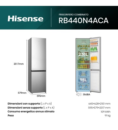 Hisense Hisense RB440N4ACA Frigorifero Combinato 336 Litri Classe A Total No Frost Inox Libera Installazione Congelatore Inferio
